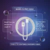 Mars 13 Pro Max Type-C to Lightning charging cable marketing poster. White coiled cable, glassmorphism design with product specifications.