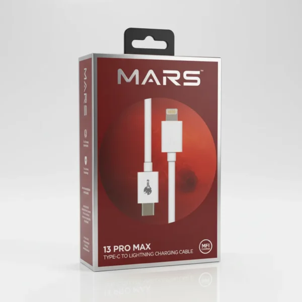 Mars 13 Pro Max Type-C to Lightning Charging Cable retail box with cable image, MFI certified.