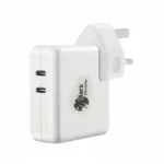 Mars Elite Series E-1 50W PD adapter, white, with dual USB-C ports and UK plug.