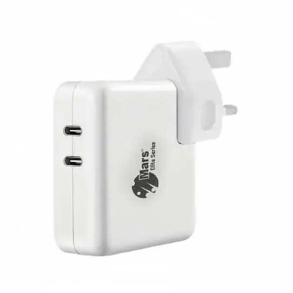 Mars Elite Series E-1 50W PD adapter, white, with dual USB-C ports and UK plug.