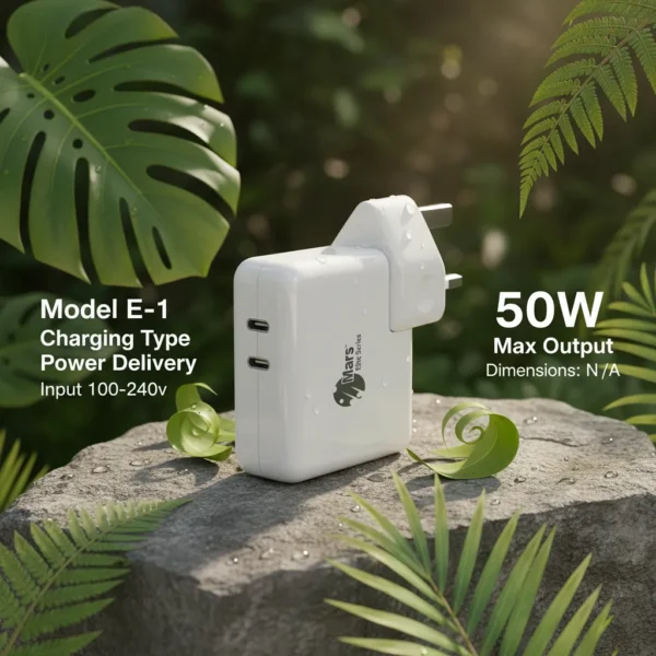 White Mars Elite Series E-1 50W PD adapter with dual USB-C ports and UK plug, on a wet rock amidst green nature.