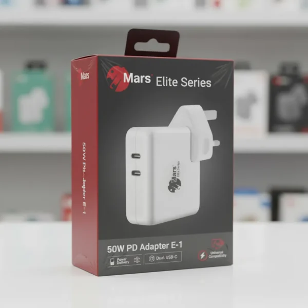 Mars Elite Series 50W PD Adapter E-1 retail packaging, displaying the white dual USB-C UK wall charger with logo.
