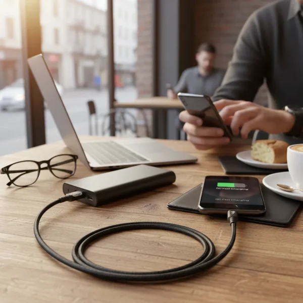 Mars Elite Series QC Fast Charging Cable E-20 connects power bank to smartphone, showing "QC Fast Charging" on a cafe table.