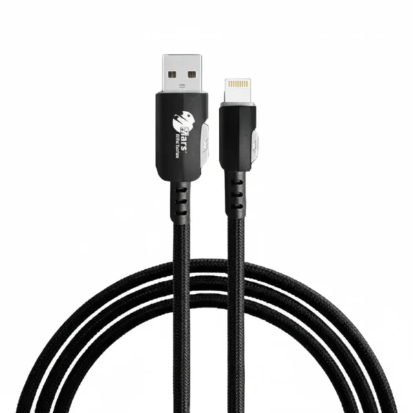 Mars Elite Series E-20 black braided USB-A to Lightning fast charging cable.