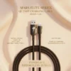 Mars Elite Series E-20 black braided fast charging cable, USB-A to Lightning connector, luxury background.