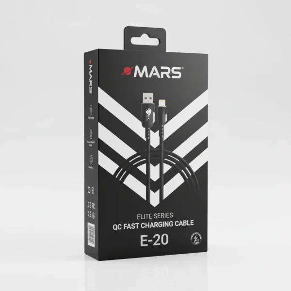 Black Mars Elite Series E-20 QC Fast Charging Cable retail packaging showing braided USB-A to Lightning cable graphic.