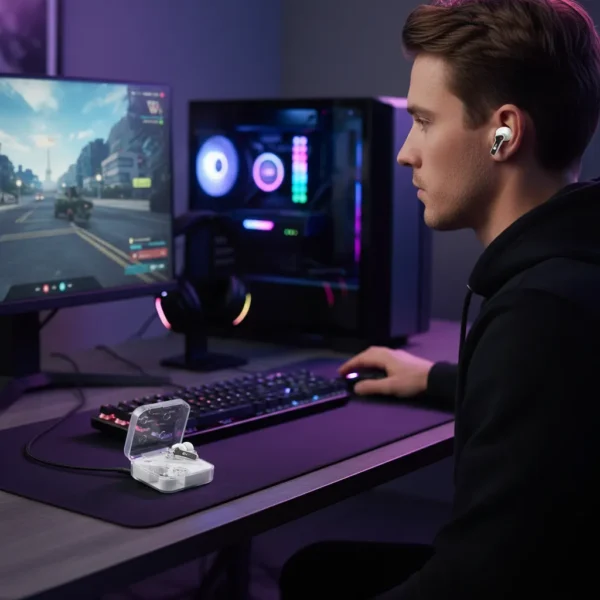 Man wearing Mars Elite Series E-52 wireless earbuds at PC gaming setup. Earbuds charging case open on desk.