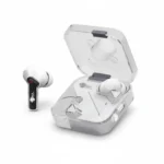Mars Elite Series E-52 white wireless earbuds, one earbud next to its open charging case.