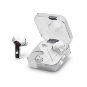 Mars Elite Series E-52 white wireless earbuds, one earbud next to its open charging case.