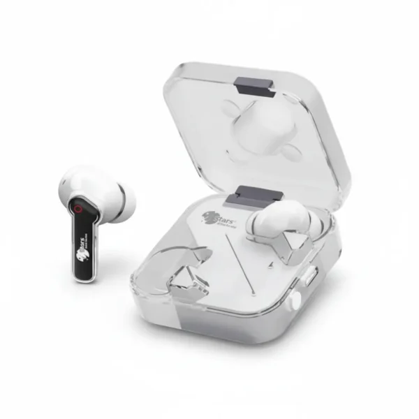 Mars Elite Series E-52 white wireless earbuds, one earbud next to its open charging case.