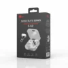Mars Elite Series E-52 wireless earbuds and clear open charging case, displayed on retail packaging.