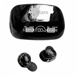 Black Mars MB-10 wireless earbuds, charging case with digital display showing battery levels and '100%'.