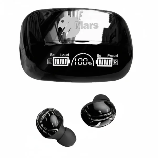 Black Mars MB-10 wireless earbuds, charging case with digital display showing battery levels and '100%'.