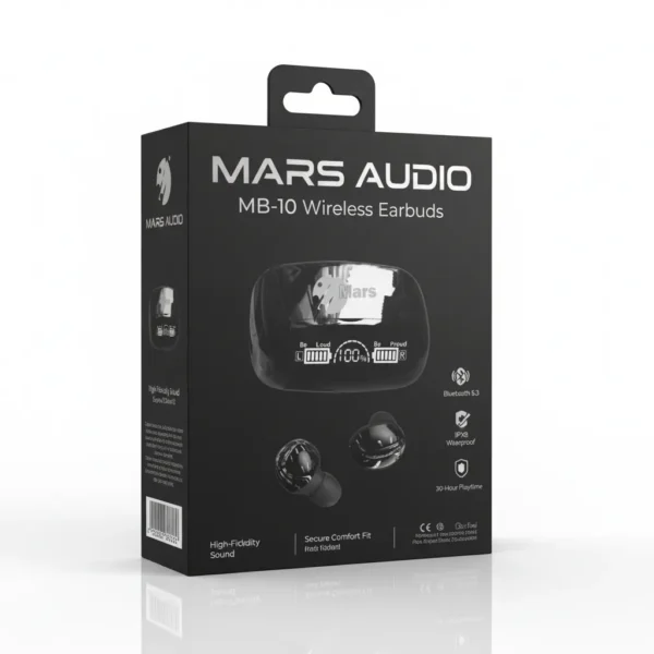 Black Mars MB-10 Wireless Earbuds retail box showing charging case, earbuds, Bluetooth, IPX8, and 30-hour playtime features.