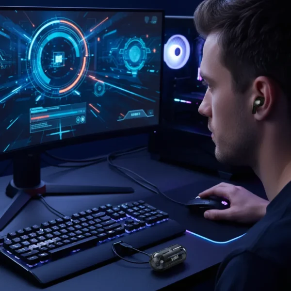 Man gaming with Mars MB-11 wireless earbud, black case charging on desk beside keyboard.
