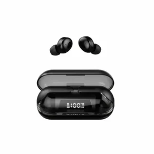Mars MB-11 black Bluetooth wireless earbuds and open transparent charging case displaying 100% battery.