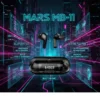 Black Mars MB-11 Wireless Earbuds and charging case with digital display on a cyberpunk neon poster, highlighting features.