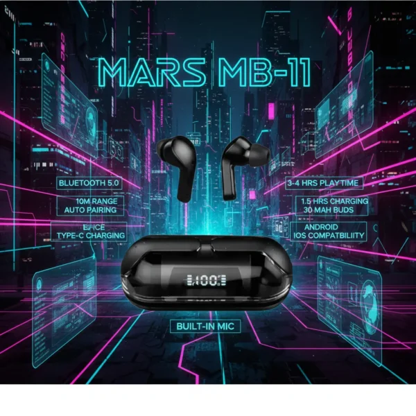 Black Mars MB-11 Wireless Earbuds and charging case with digital display on a cyberpunk neon poster, highlighting features.