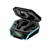 Mars MB-12 wireless Bluetooth earbuds in open black charging case with blue LEDs and 100% digital display.