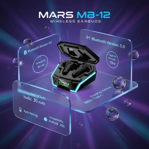 Young man wearing Mars MB-12 wireless earbud, checking phone. Glowing charging case with earbuds open on desk.