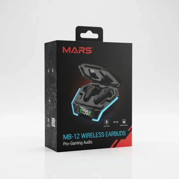Mars MB-12 Wireless Earbuds black retail packaging box, featuring open charging case with earbuds and blue gaming lights.