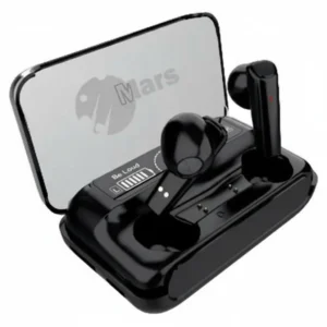 Mars MB-8 black wireless earbuds in open charging case, displaying Mars logo, 'Be Loud' text, and battery indicator.