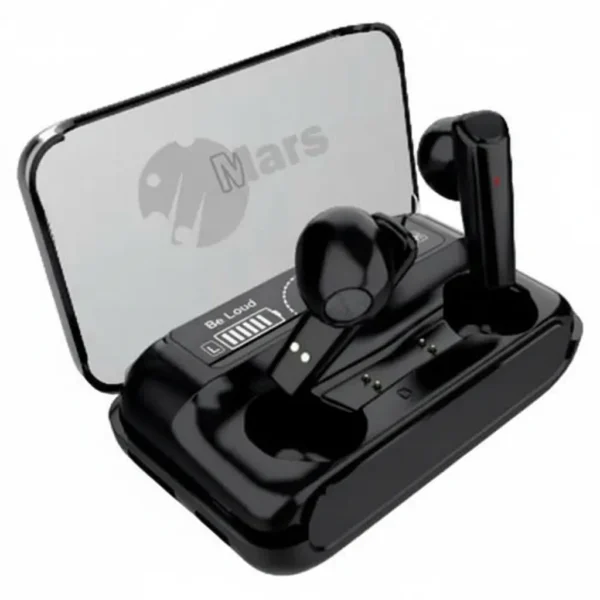 Mars MB-8 black wireless earbuds in open charging case, displaying Mars logo, 'Be Loud' text, and battery indicator.