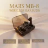 Mars MB-8 black wireless earbuds in open charging case showing battery display, luxury minimalist style.
