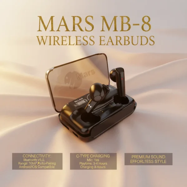 Mars MB-8 black wireless earbuds in open charging case showing battery display, luxury minimalist style.