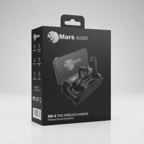 Black Mars MB-8 True Wireless Earbuds retail box, featuring the black earbuds in their open charging case.