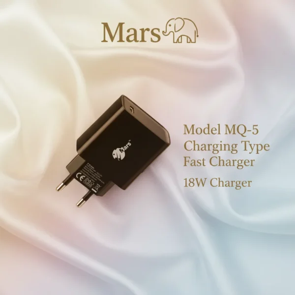 Black Mars MQ-5 18W fast charger with EU plug, elegantly displayed on a luxurious silk background.