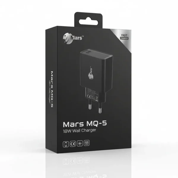 Black Mars MQ-5 18W Fast Charge wall charger retail packaging displaying the charger product image.
