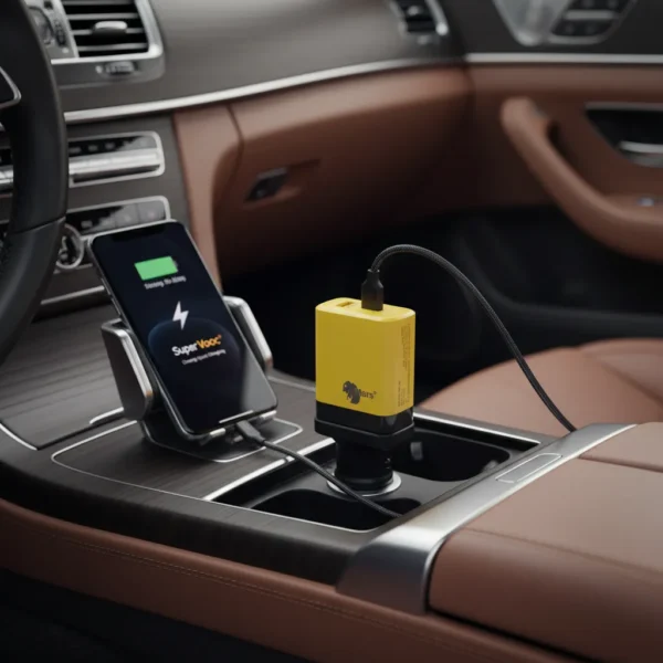 Yellow Mars Super Vooc 25W quick car charger charging smartphone displaying 'Super Vooc' in car.