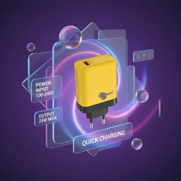 Yellow Mars 25W quick charger on a glassmorphism poster, detailing 100-240V input, 25W output, and quick charging.