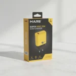 Retail packaging for Mars Super Vooc 25W Quick Charger, featuring a yellow and black EU plug charger on the box.