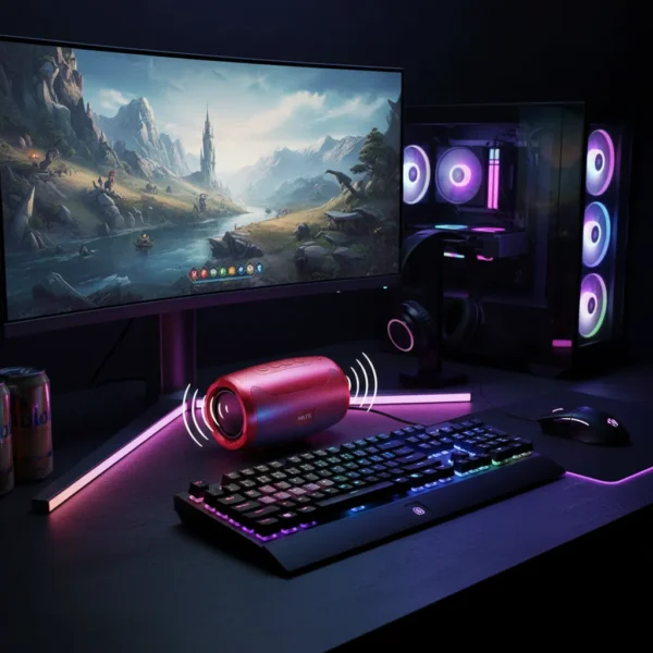 Red MP3 Speaker 360 in a high-tech RGB gaming setup: monitor, PC, keyboard, mouse, headphones, drinks.