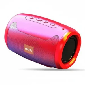 Vibrant red-purple cylindrical MP3 Speaker 360. Features top controls, 'HKJTL' logo, and visible speaker driver. Bluetooth compatible.