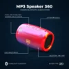 Infographic of a red/purple HKJTL MP3 Speaker 360, detailing Bluetooth, Li-Po battery, and lightweight design.