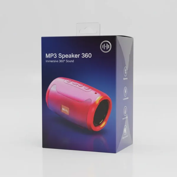 Dark blue packaging for MP3 Speaker 360 showing a red cylindrical Bluetooth speaker and key features.