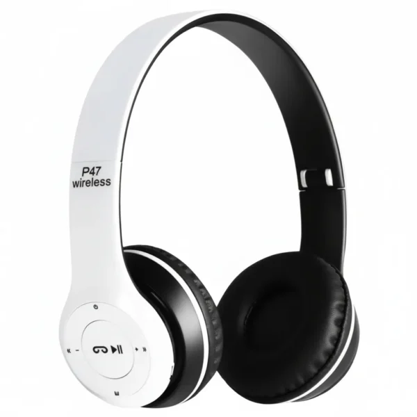 P47 Wireless Bluetooth Stereo Headphones, white & black over-ear design with visible controls.