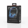 P47 Wireless Bluetooth Stereo Headphones retail packaging. Black box displays blue over-ear headphones, Bluetooth 5.0, and HD Audio features.