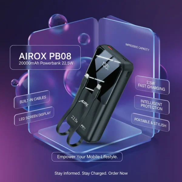 AIROX PB08 20000mAh portable power bank (22.5W) with built-in cables, LED display (100%), on a glassmorphism poster.