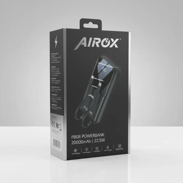Black AIROX PB08 20000mAh 22.5W power bank retail packaging, showing product image with digital display and integrated cables.