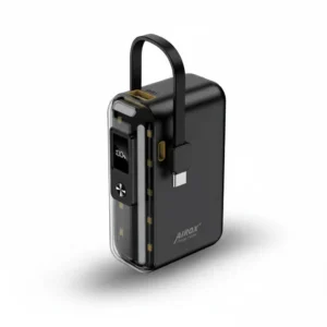 Black Airox PB20 10,000 mAh power bank with transparent panel, digital display, and integrated USB-C cable.