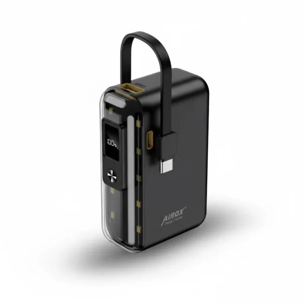 Black Airox PB20 10,000 mAh power bank with transparent panel, digital display, and integrated USB-C cable.
