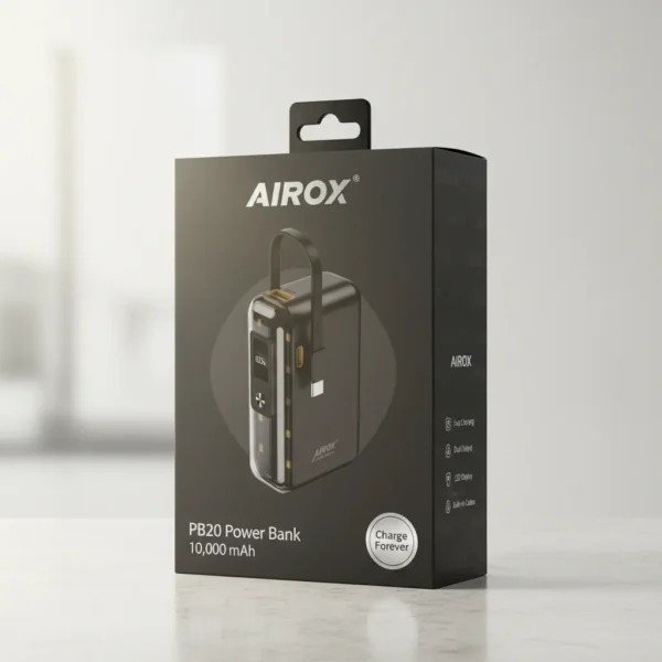 AIROX PB20 10,000 mAh power bank retail packaging. Black box features power bank with LED display, strap, built-in cables.