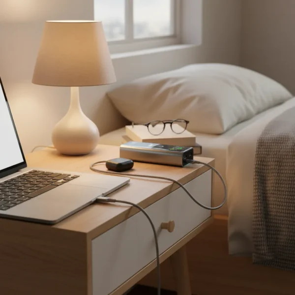 Silver PB22 Super Powerbank 20000mAh 100W PD charging laptop on a bedside table with earbuds.