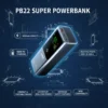 PB22 Super Powerbank 20000mAh, 100W PD, LED display, and multiple USB ports on a technical blueprint background.