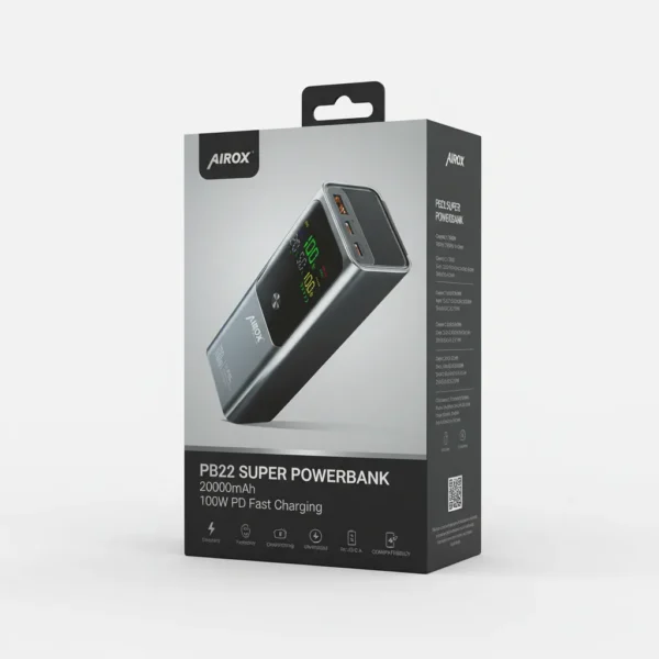AIROX PB22 Super Powerbank 20000mAh 100W PD fast charging retail box showing power bank with digital display.