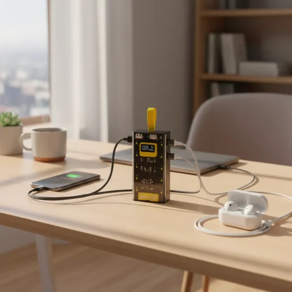 Black Power Bank SY286 20000mAh with digital display charging phone, laptop, earbuds on a wooden desk.